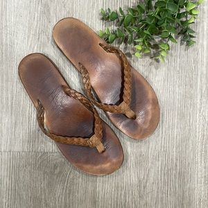 Rainbow Braided Leather Flip Flop Sandals in Brown